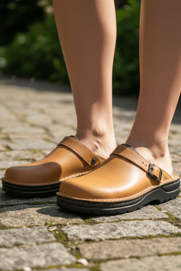 Coffee-colored slip-on footwear, unisex clogs with comfortable design for daily use and support. Casual & practical.