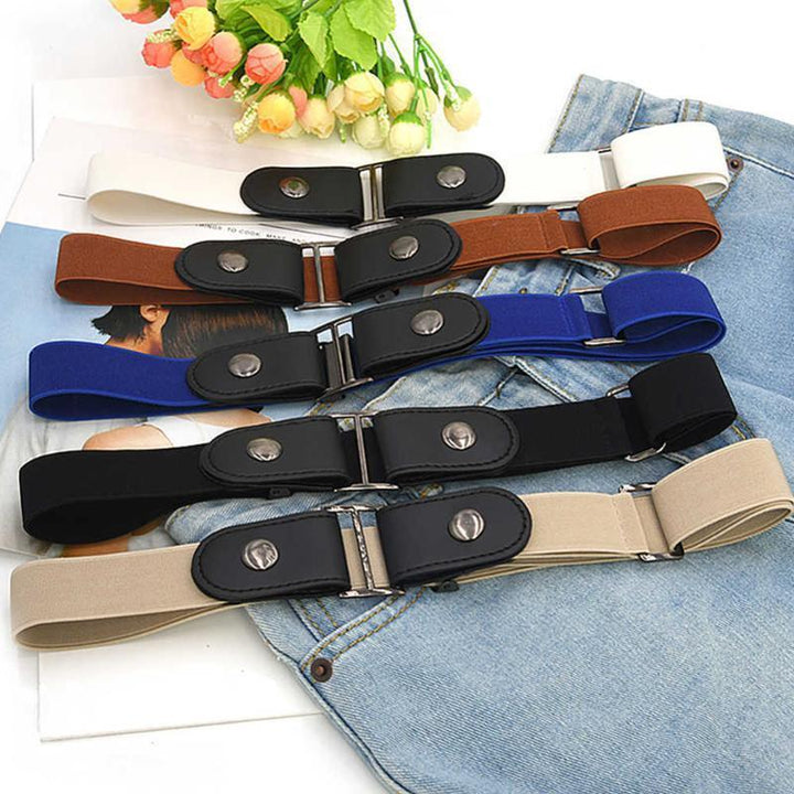Invisible stretch belt for jeans, unisex, featuring a flat no-buckle design for a smooth look under tops.