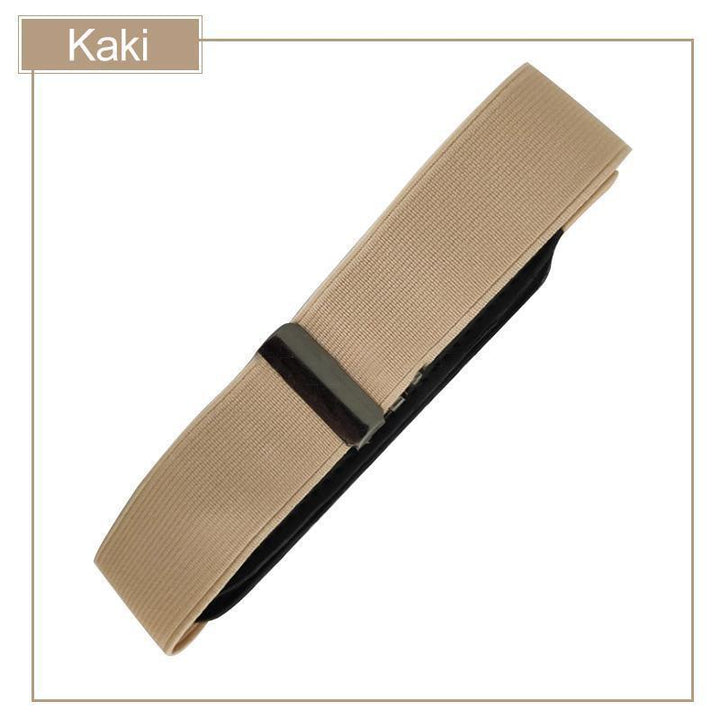 Casual pants belt, elastic and buckle-free, offering a smooth front for a sleek silhouette.