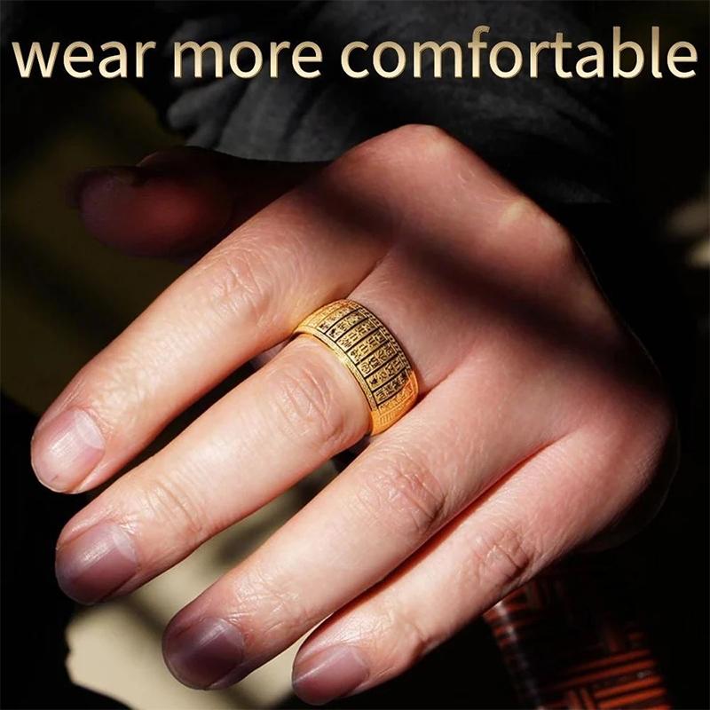 Statement Buddhist mantra ring in titanium steel, golden finish, perfect for spiritual expression
