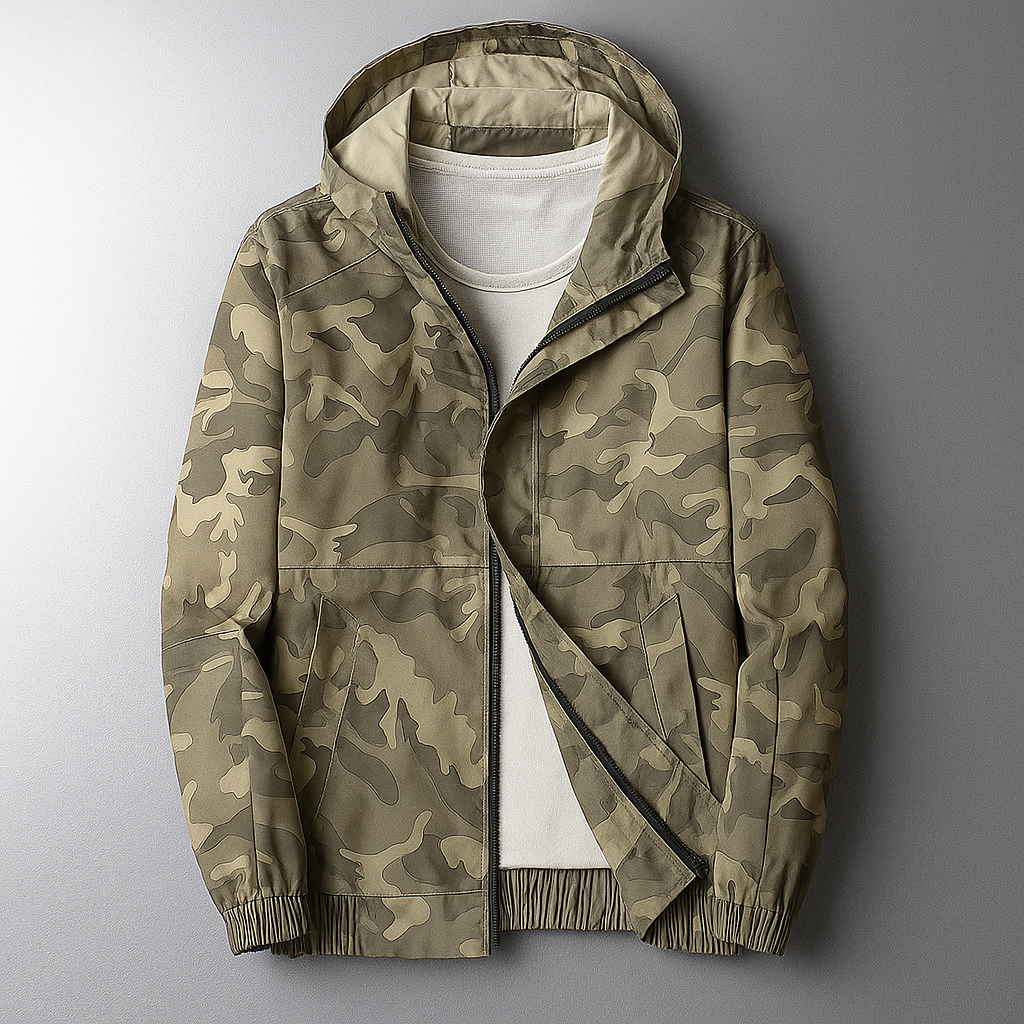 Full shot of a water-resistant camo windbreaker jacket, ideal for outdoor activities in spring and fall