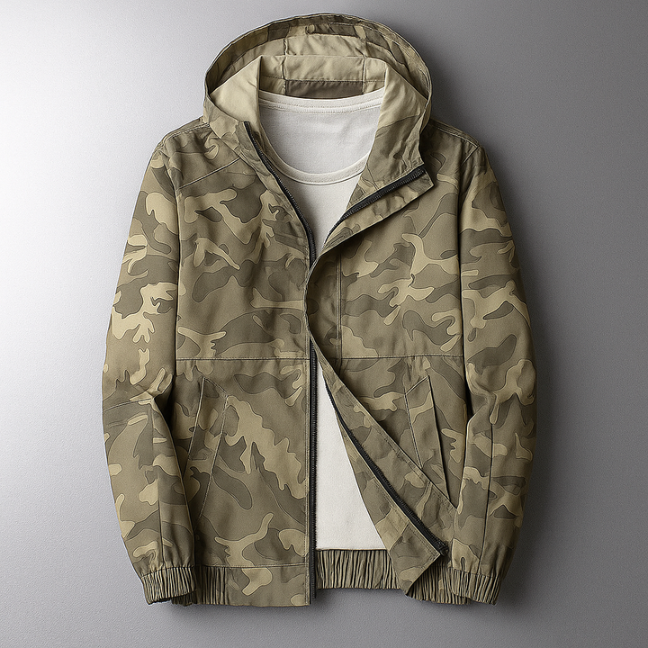 Full shot of a water-resistant camo windbreaker jacket, ideal for outdoor activities in spring and fall