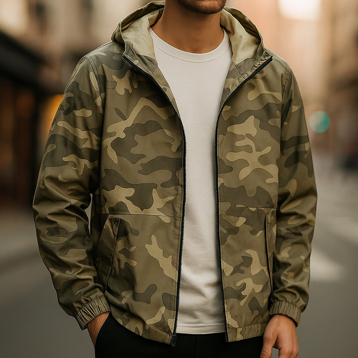 Insulated camo windbreaker jacket on a hanger, ready for men and women's casual spring/fall wear