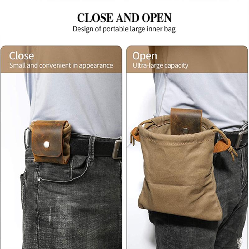 Durable wilderness foraging pouch made from waxed canvas and genuine leather for hiking and camping.