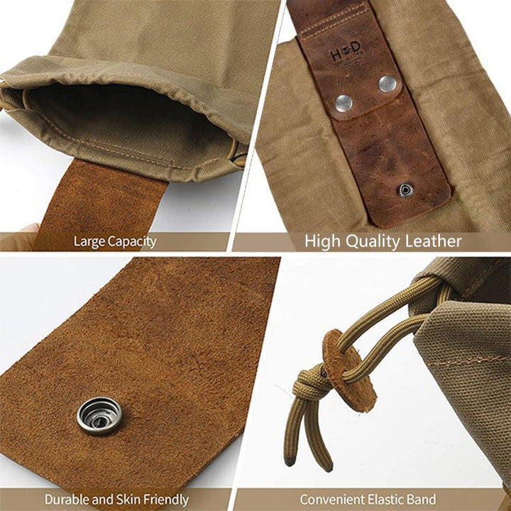 Tan canvas and brown leather outdoor gear pouch, designed for foraging and wilderness adventures.