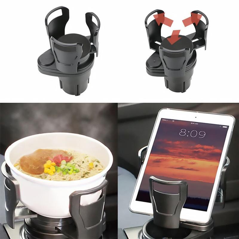 Black unisex car cup holder expander & organizer with extra storage for phones and keys, essential auto accessory