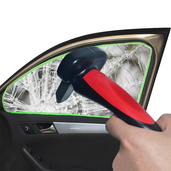 Handy car safety tool: window breaker, seatbelt cutter, LED flashlight, and secure assist handle