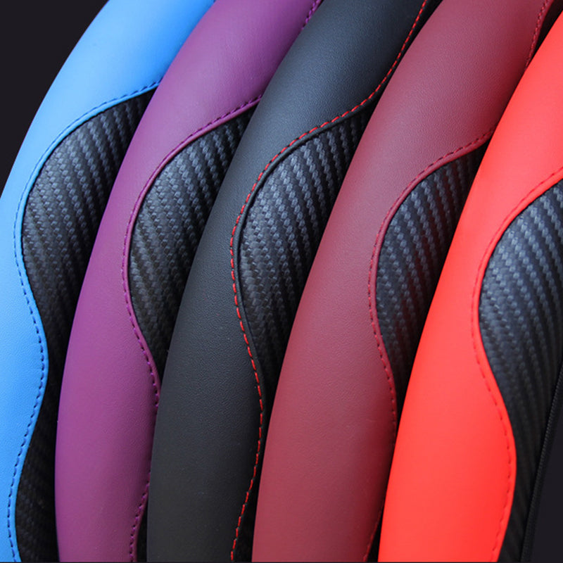 Universal carbon fiber steering wheel cover, black leather, car accessory
