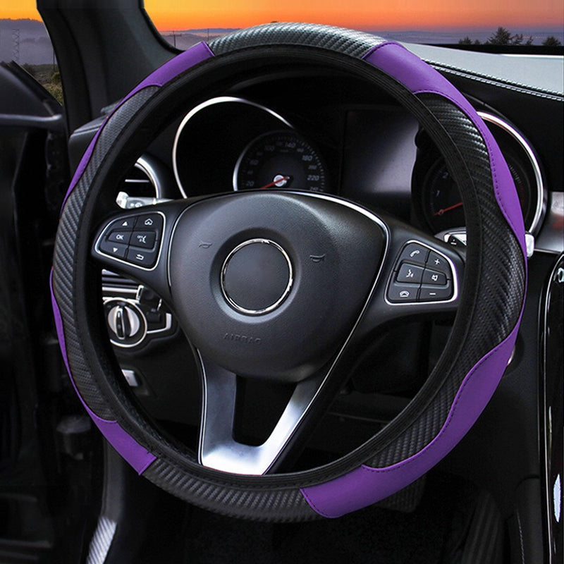 Black leather & carbon fiber steering wheel cover, comfortable grip, car accessory