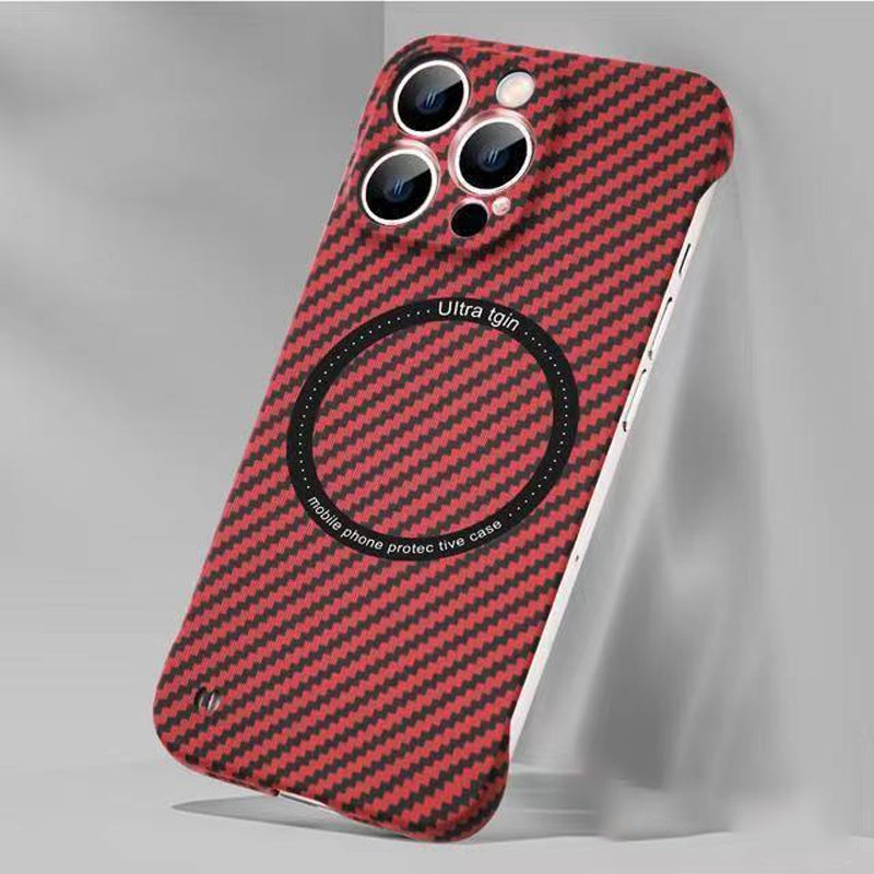 Frameless Carbon Fiber iPhone Case, slim profile, ready for magnetic charging