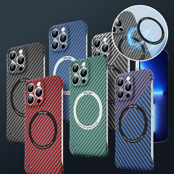 Magnetic Charging iPhone Case, carbon fiber texture, sleek and protective phone accessory