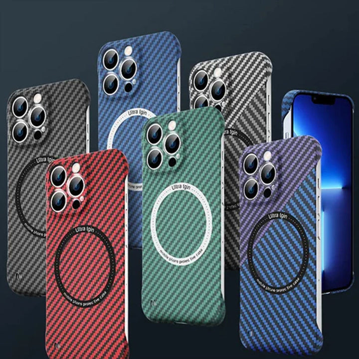 Durable iPhone case with carbon fiber texture and magnetic charging capability
