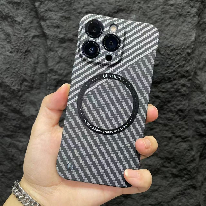 Magnetic frameless iPhone case, carbon fiber, offering anti-shock protection