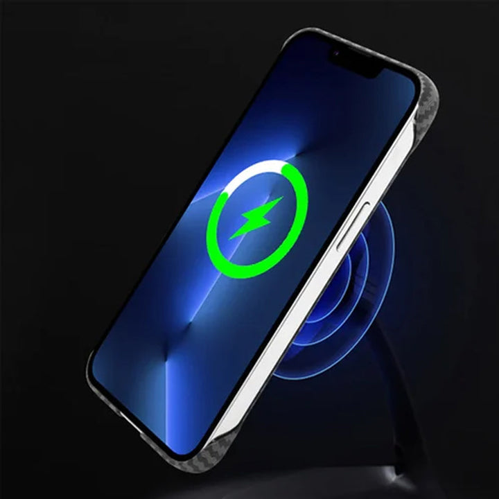 Protective frameless iPhone accessory, carbon fiber, supports magnetic charging