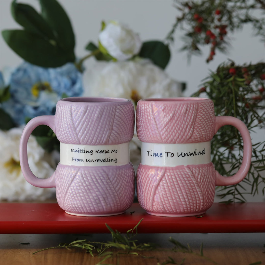 Funny knitting yarn ball ceramic mug, ideal as a novelty gift for knitters & tea drinkers.