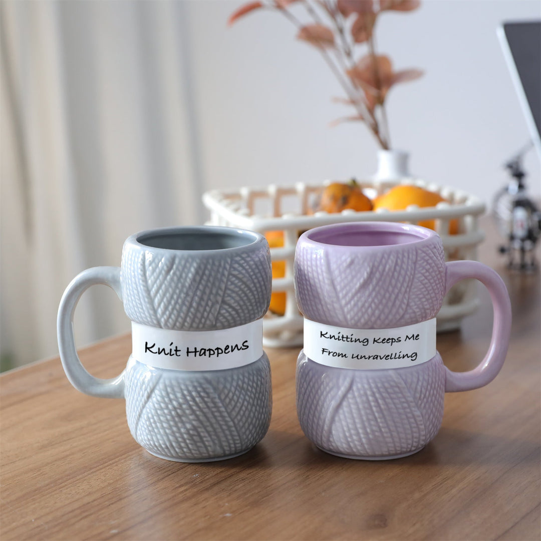 Knitting yarn ball design on a durable ceramic mug, suitable as a Christmas or birthday present.