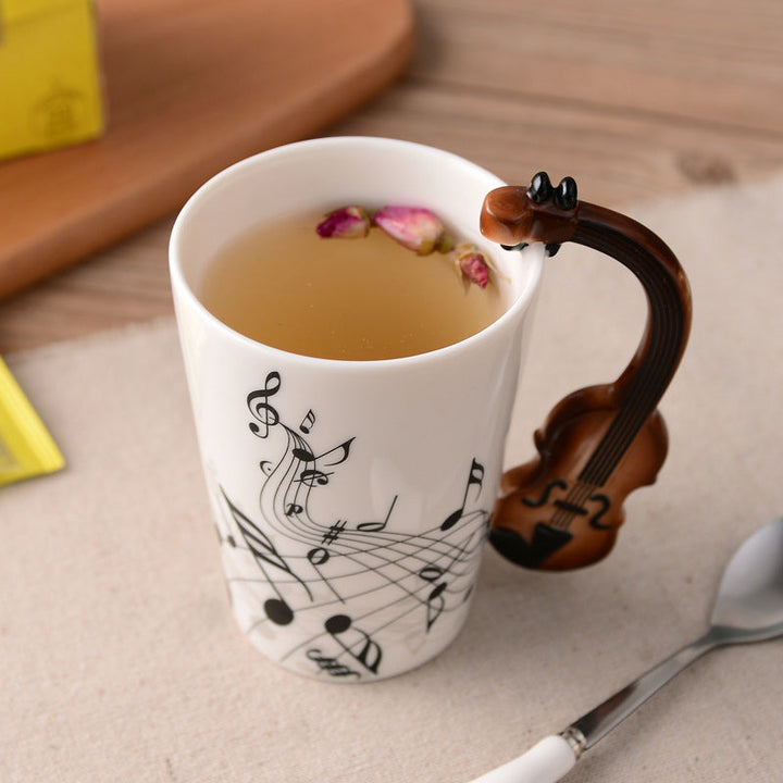 Unisex ceramic mug with violin handle, musical gift for musicians & music lovers, 12oz drinkware