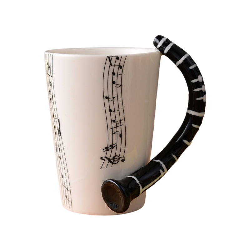 Coffee mug with a fun trumpet handle, durable ceramic, ideal for music lovers and collectors of novelty mugs