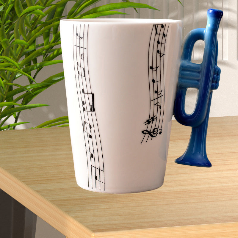 Music-themed ceramic mug with trumpet handle, novelty gift for coffee & tea, unique instrument design