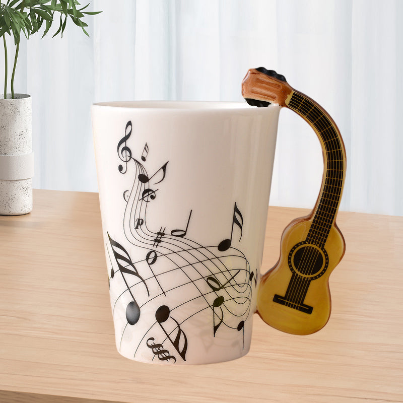 Musical instrument handle ceramic mug, novelty drinkware for men & women, unique music lover's gift