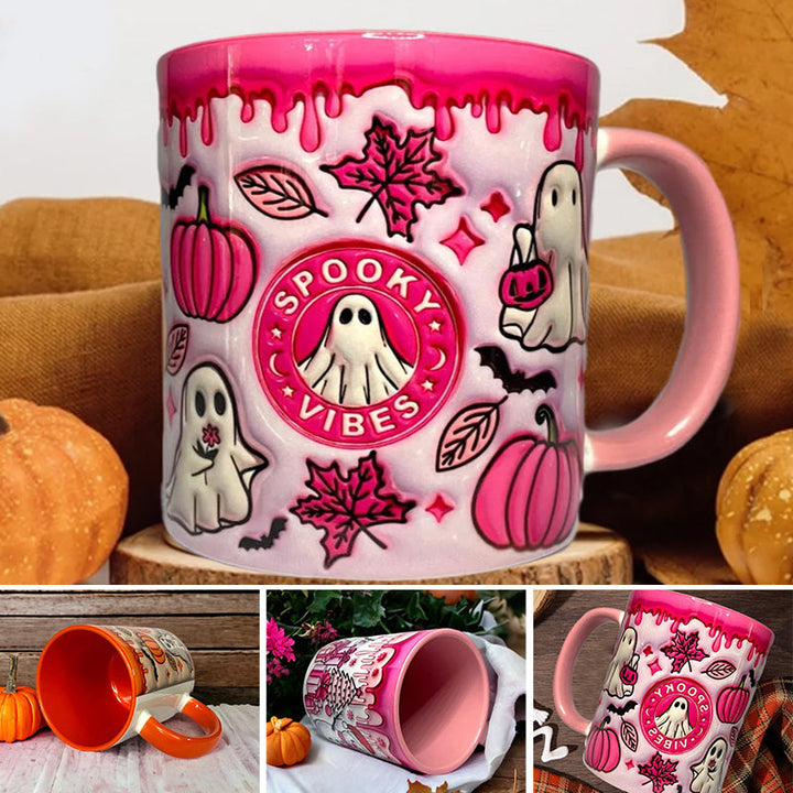 Unisex ceramic pumpkin coffee mug with a friendly ghost design, perfect for Halloween gifts and autumn kitchens.