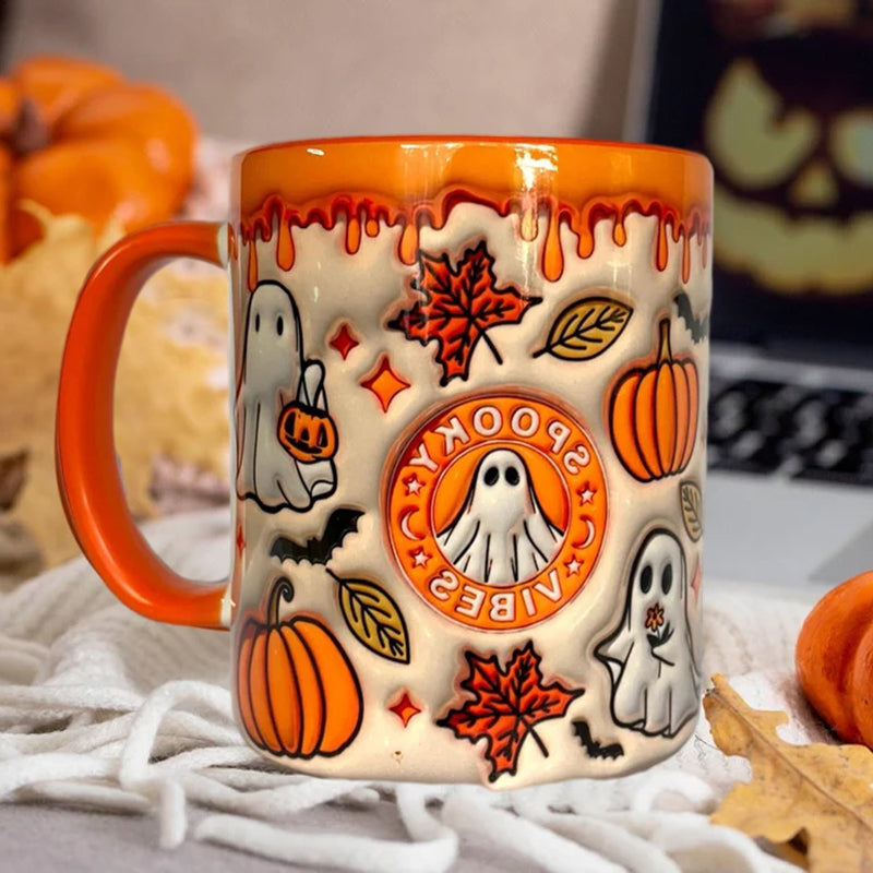 Detailed shot of the ghost design on a unisex pumpkin coffee mug, emphasizing its decorative and fun elements.