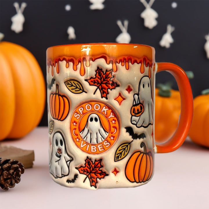 Unisex heavy ceramic pumpkin coffee mug, ghost design, a durable and decorative mug for coffee lovers.