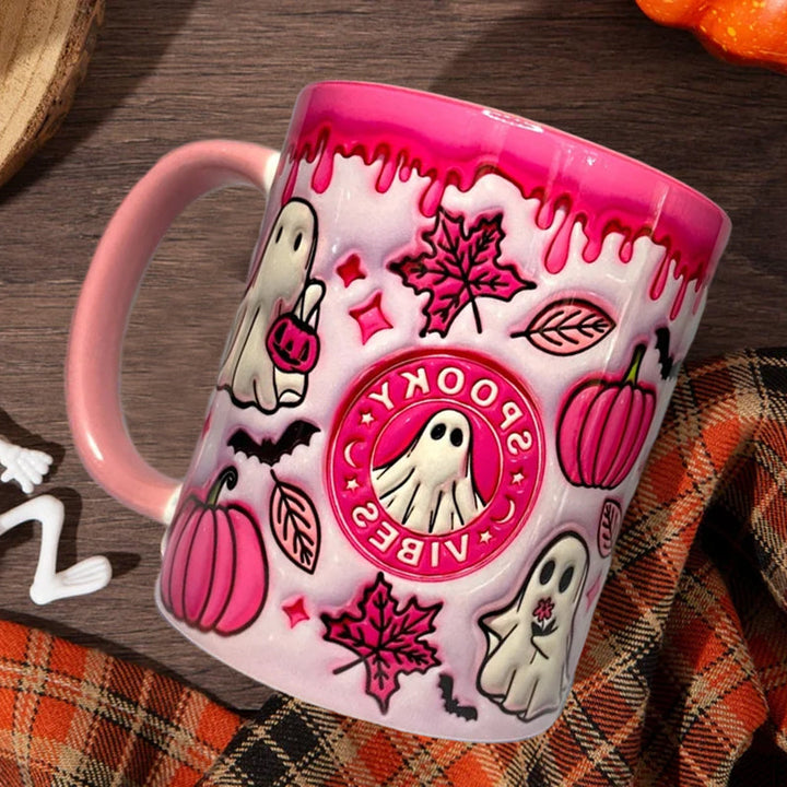 Stylish pumpkin coffee mug with a subtle ghost illustration, adding a touch of spooky charm to your kitchen.