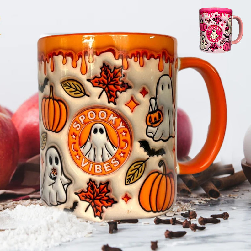 Handheld unisex pumpkin coffee mug, ghost graphic, showcasing its comfortable grip and unique aesthetic.