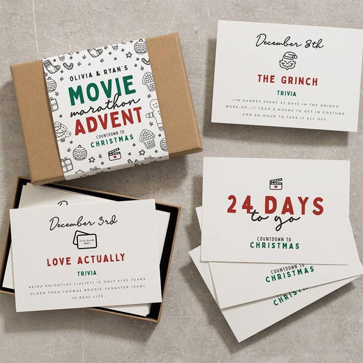 Beautifully designed Christmas Advent Calendar cards spread out, showcasing each festive card