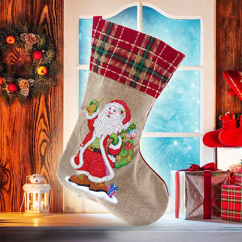 Finished Diamond Art Stocking glowing under holiday lights, enhancing festive home decor