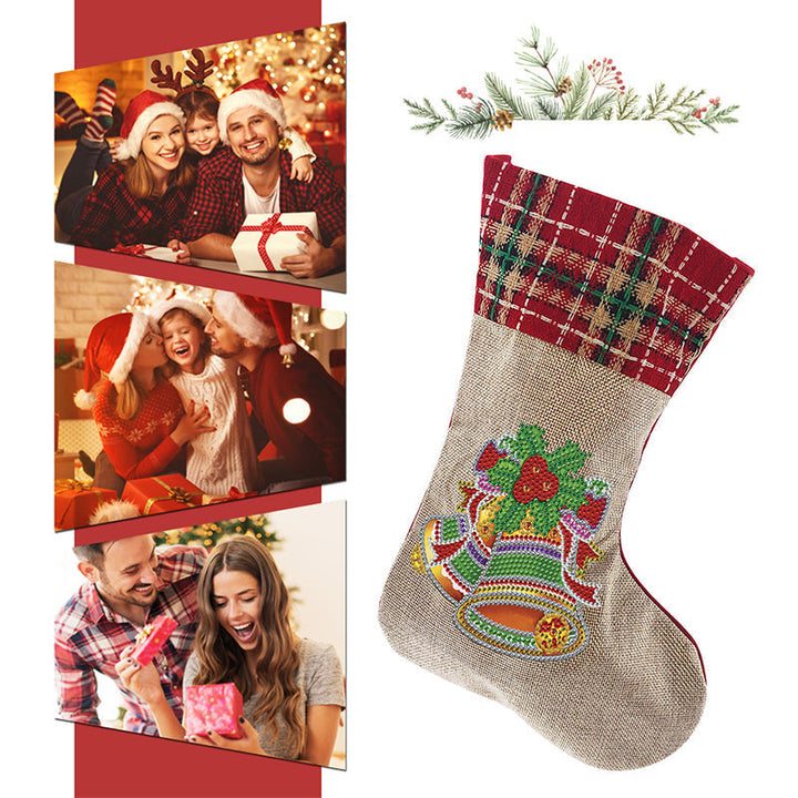 Completed Diamond Art Stocking hanging by a fireplace, adding festive holiday decor