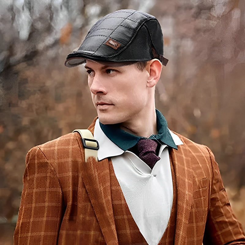 Detail shot of the faux leather beret's stitching, emphasizing quality and classic design.