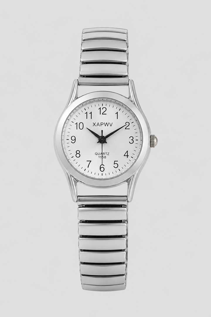 Unisex classic silver watch with comfortable expansion band & easy-read analog dial. Timeless minimalist design.