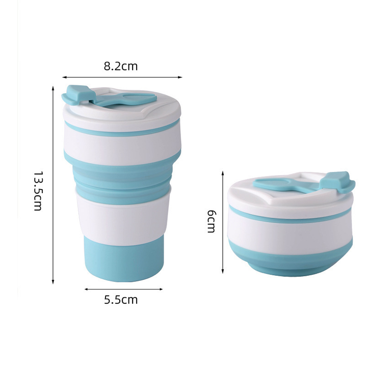 Collapsible silicone water bottle with measurement markings, blue, for tracking fluid intake