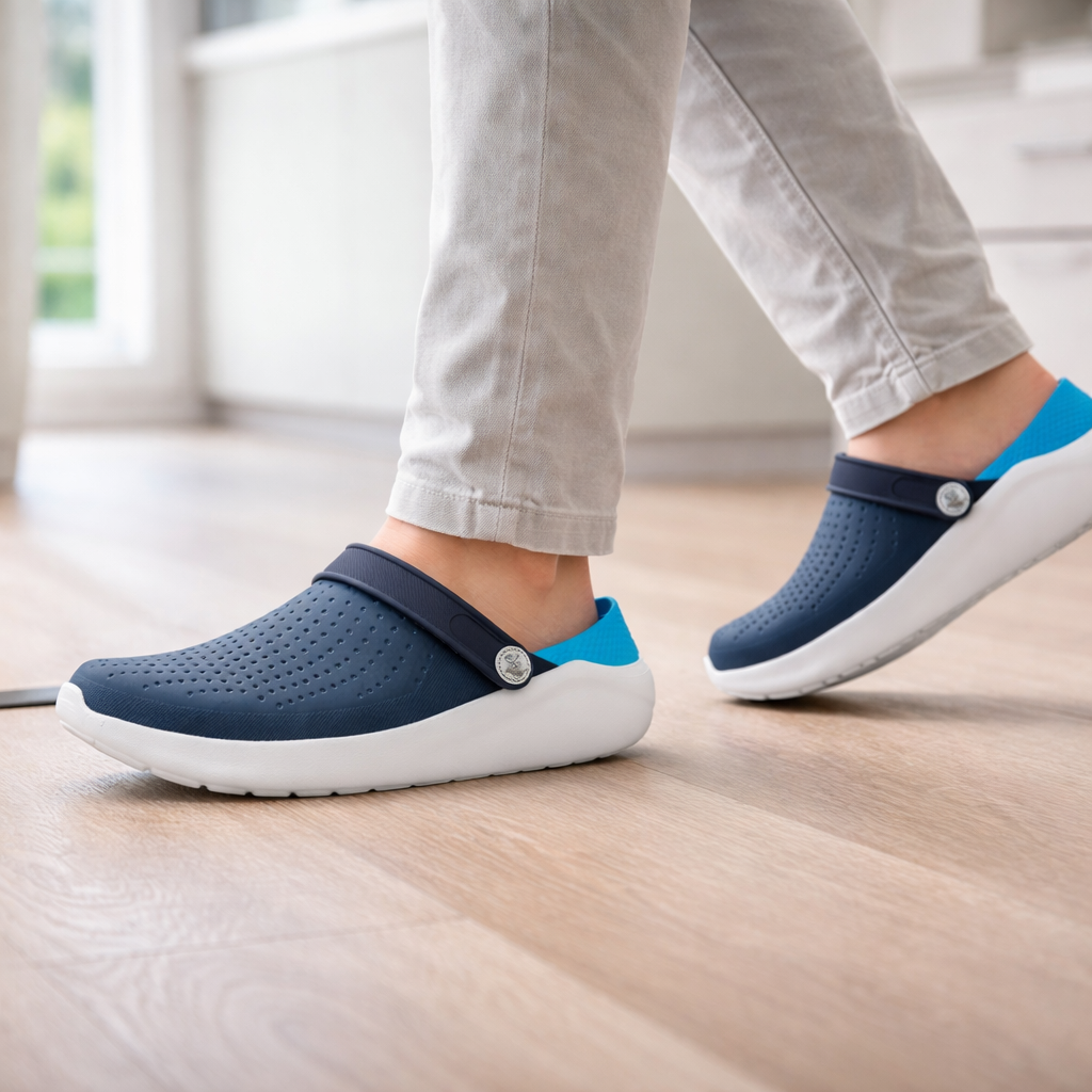 Black cushioned comfort sandals with flexible sole & arch support for all-day comfort.