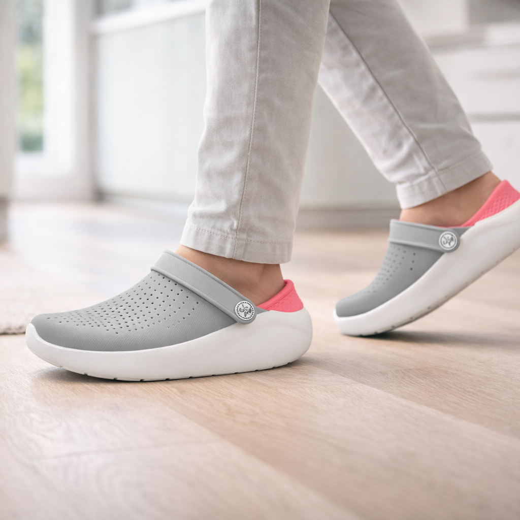 Red comfort sandals, lightweight & breathable, providing cushioned arch support.