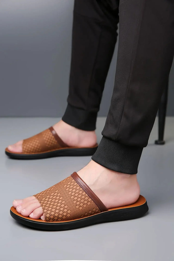 Unisex woven strap slide sandals in a neutral color, versatile casual footwear for men and women