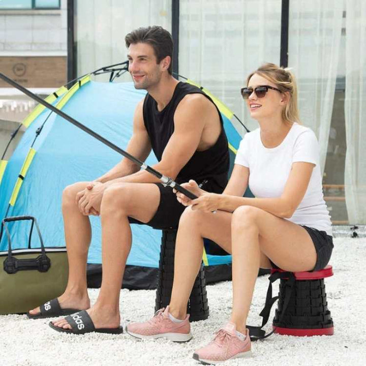 Compact folding stool with carrying strap, a lightweight and portable seating solution for any trip.