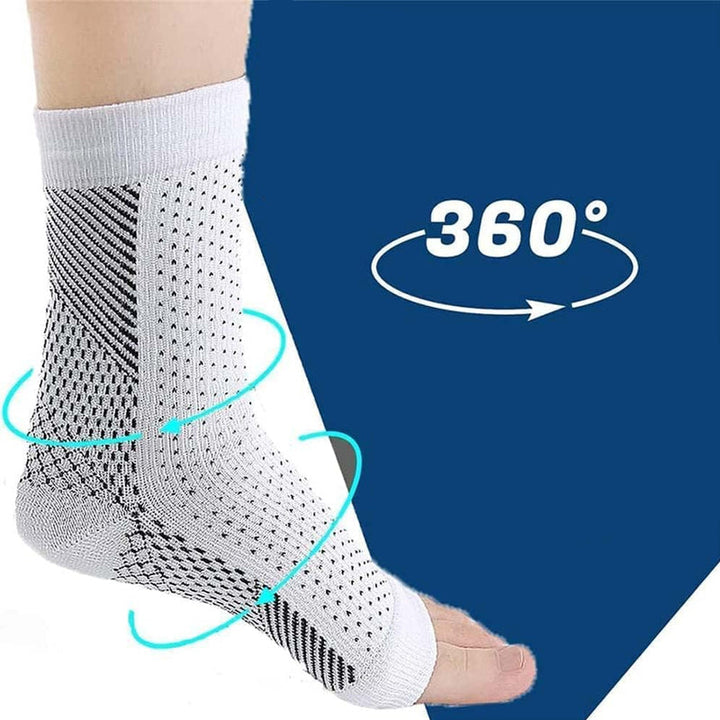 Packaging for Unisex Compression Foot Relief Socks, highlighting health and comfort features