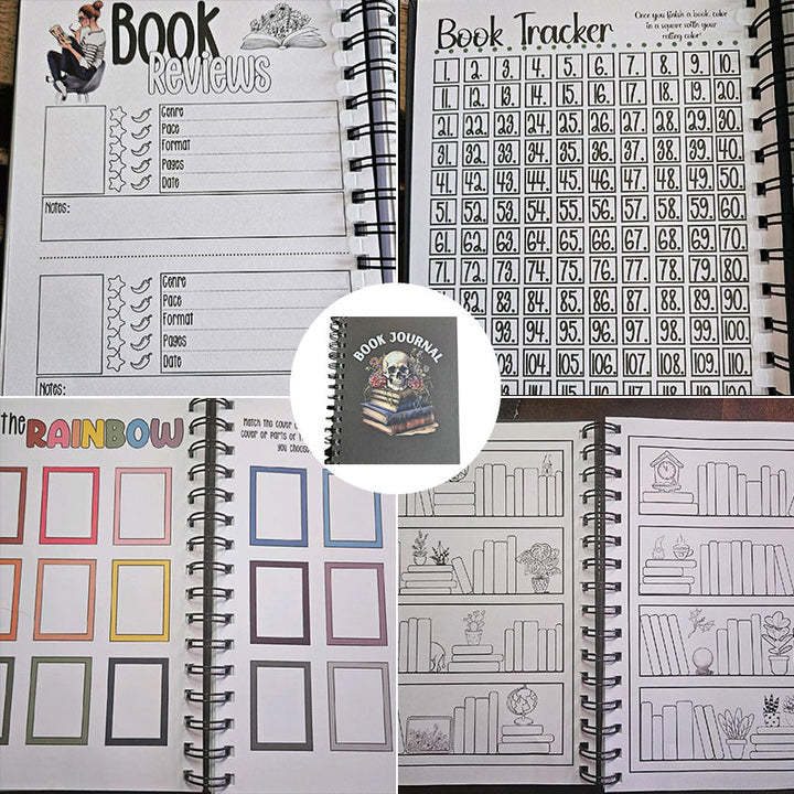 Close-up of a reading journal page, featuring watercolor illustrations and spaces for book entries.