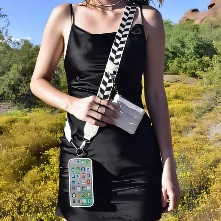 Black nylon phone strap and zipper pouch, a versatile hands-free accessory suitable for all phones.