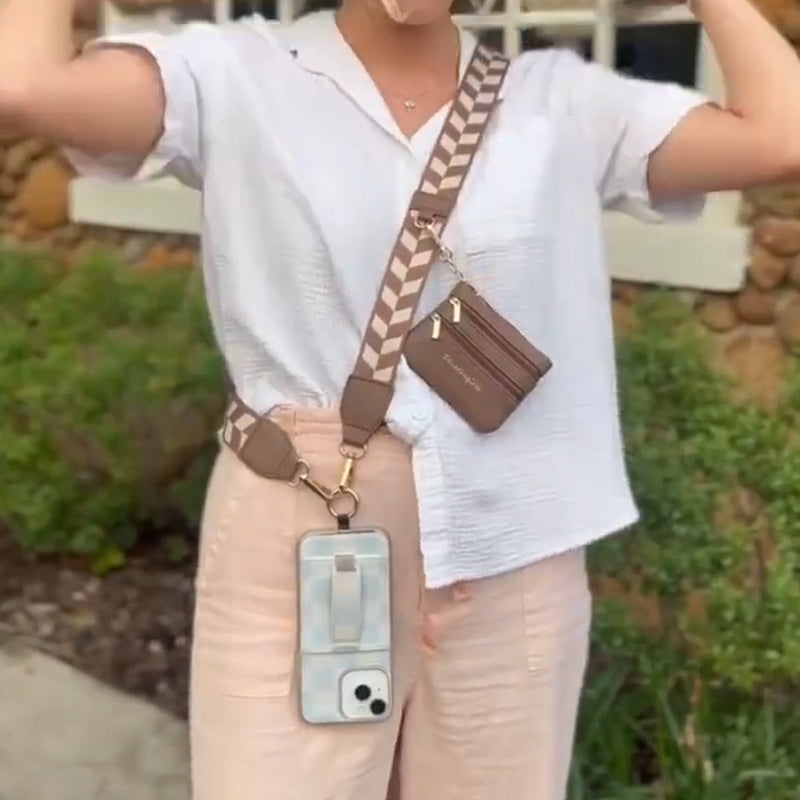 Portable universal phone holder with an attached zipper pouch, in a classic black crossbody design.