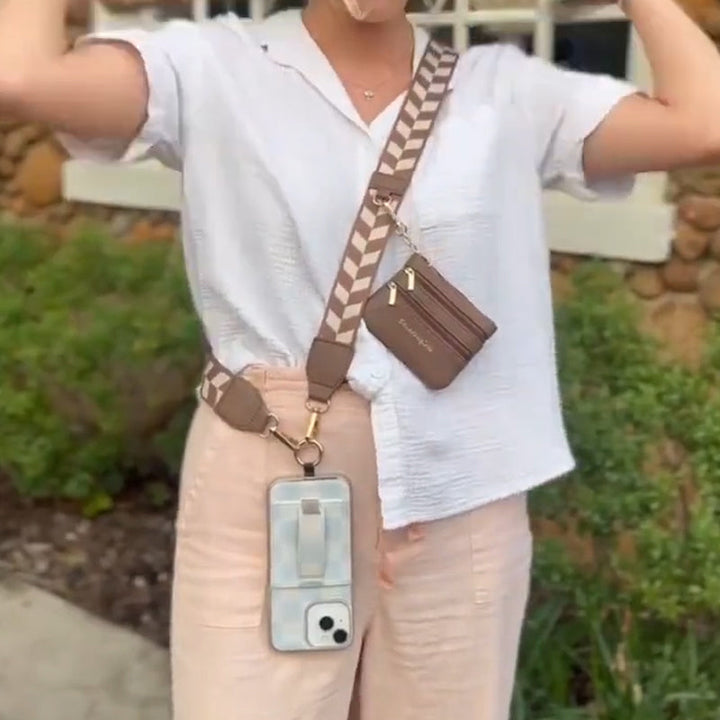 Portable universal phone holder with an attached zipper pouch, in a classic black crossbody design.
