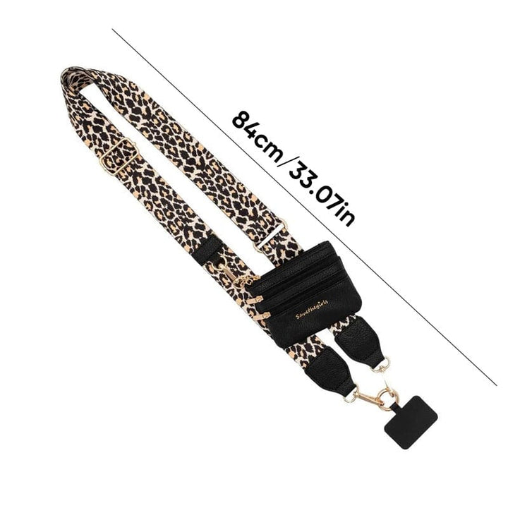Black hands-free phone strap with a zipper pouch, combining style and utility for any outfit.