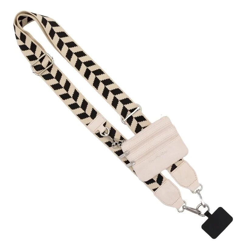Universal phone strap with a crossbody design and a black zipper pouch for easy access to small items.