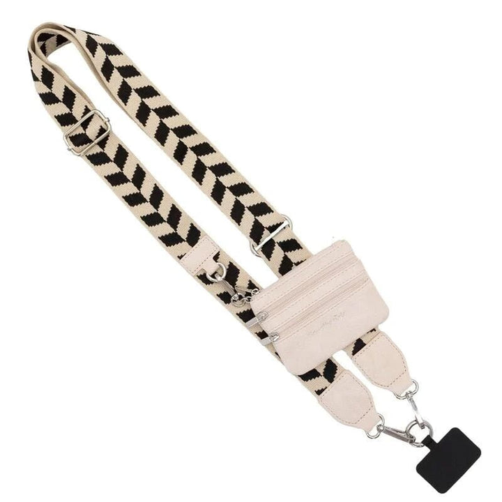 Universal phone strap with a crossbody design and a black zipper pouch for easy access to small items.