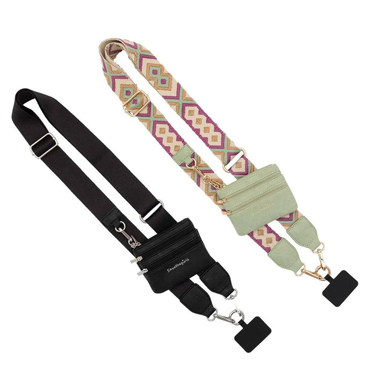Tech accessory: black nylon crossbody phone strap with an external zipper pouch, durable and functional.