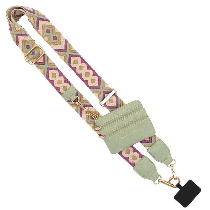 Crossbody phone strap in black nylon, featuring a robust zipper pouch for added security of small valuables.