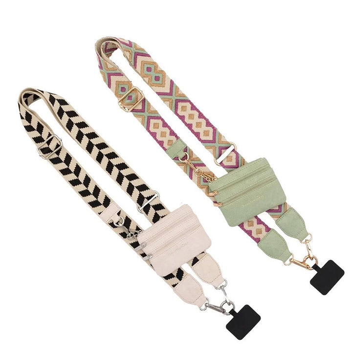 Universal black crossbody phone strap with a sleek zipper pouch, designed for practical elegance.